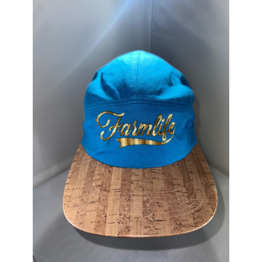 Farmlife 5 Panel Camper Hat Blue‎ Gold Embroidery Cork Brim Adjustable Strapback